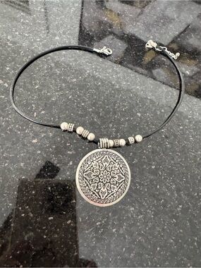 Boho Silver Medallion Pendant Necklace - Black Cord